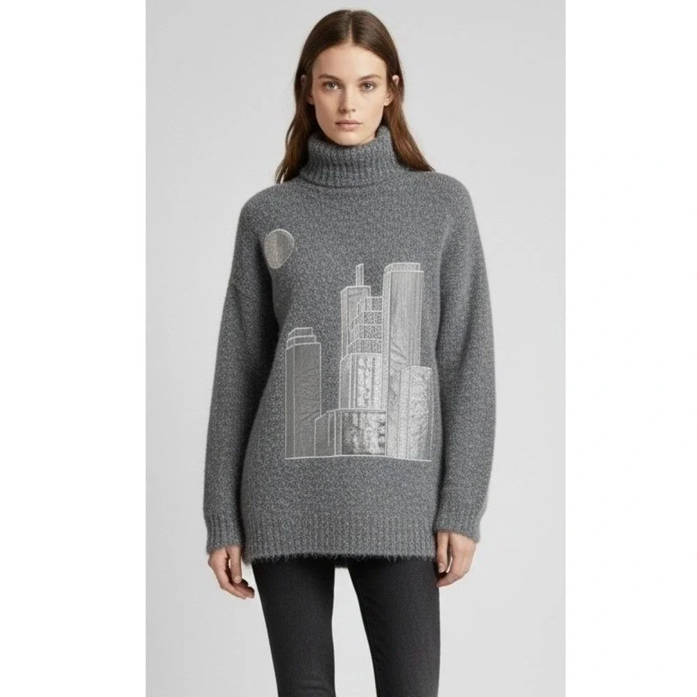 I.B. Diffusion Sweater Womens S Silk Blend Gray Cityscape Rabbit Hair Turtleneck